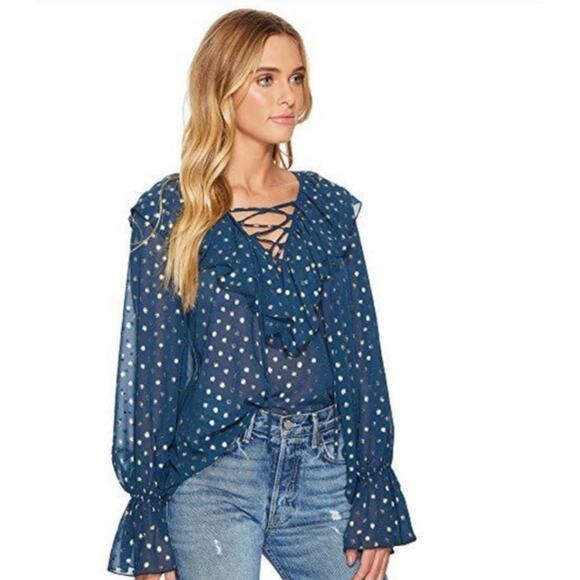 Show Me Your Mumu Elton Ruffled Lace Up Blouse Teal Gold Polka Dot M Medium - Picture 1 of 12